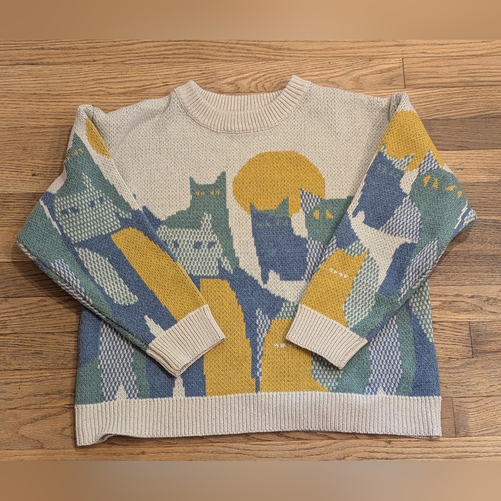 Vintage Cream Sweater with Blue, Green and Yellow Cat Motif - Picture 5 of 8